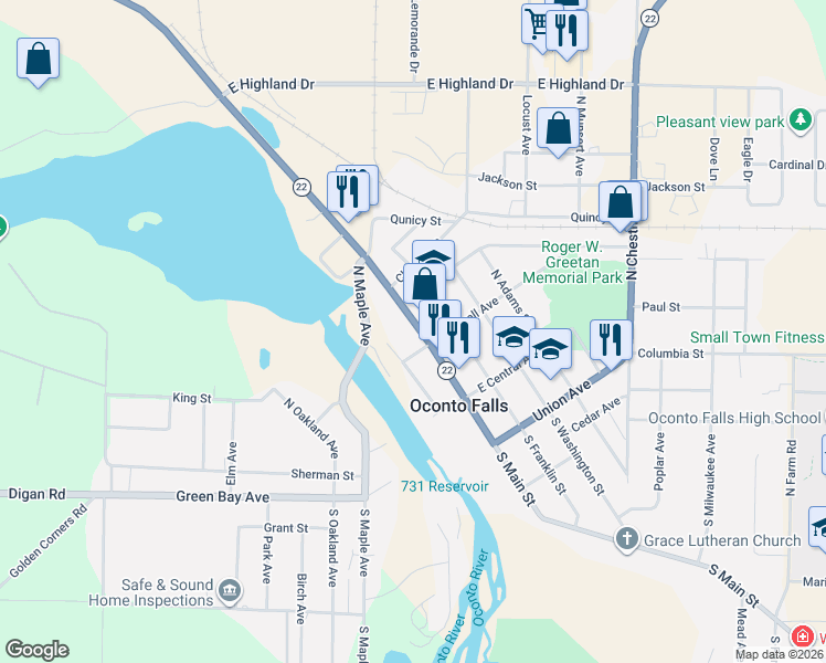 map of restaurants, bars, coffee shops, grocery stores, and more near 125 Caldwell Avenue in Oconto Falls