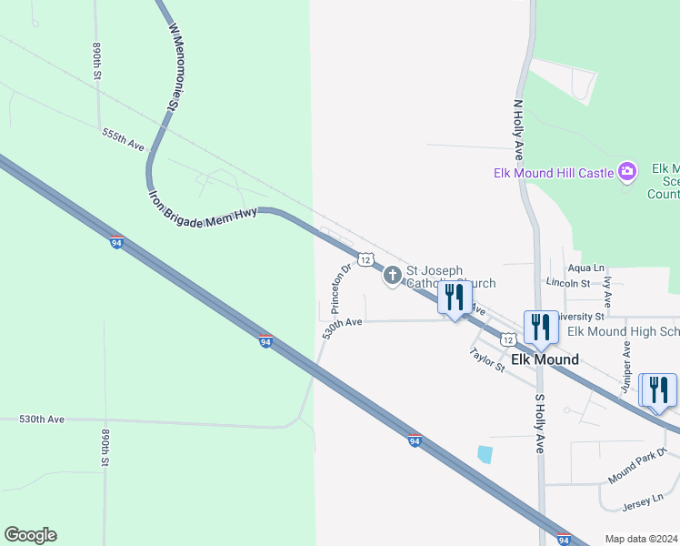 map of restaurants, bars, coffee shops, grocery stores, and more near 117 Princeton Drive in Elk Mound
