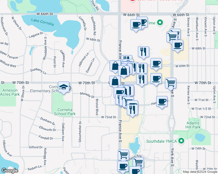 map of restaurants, bars, coffee shops, grocery stores, and more near 7010 France Avenue South in Edina