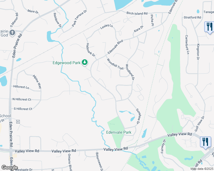map of restaurants, bars, coffee shops, grocery stores, and more near 3275 Edenvale Boulevard in Eden Prairie