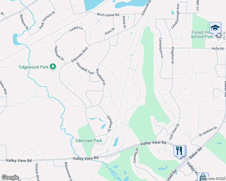 map of restaurants, bars, coffee shops, grocery stores, and more near 7023 Woodland Drive in Eden Prairie