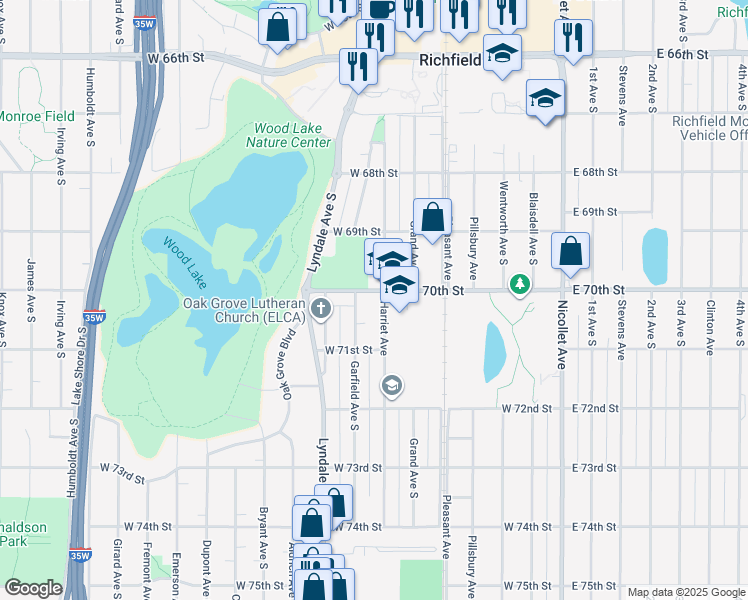 map of restaurants, bars, coffee shops, grocery stores, and more near 7017 Garfield Avenue South in Minneapolis