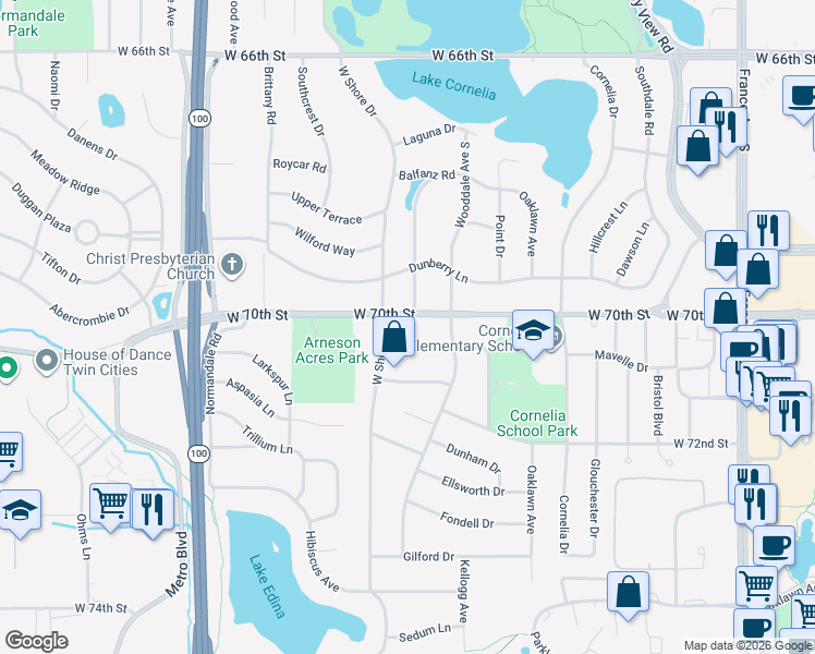 map of restaurants, bars, coffee shops, grocery stores, and more near 4516 Andover Road in Minneapolis