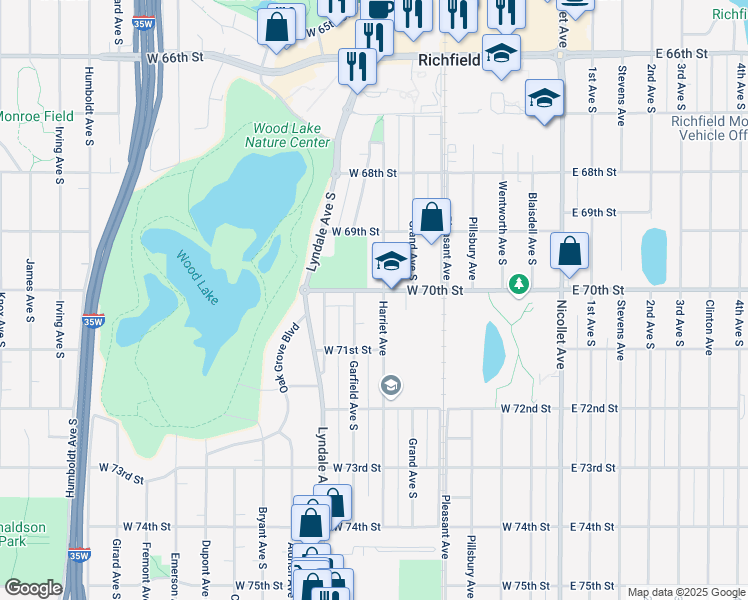 map of restaurants, bars, coffee shops, grocery stores, and more near 7017 Garfield Avenue South in Minneapolis