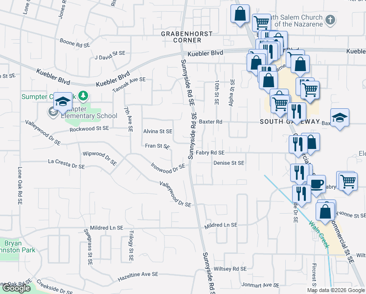 map of restaurants, bars, coffee shops, grocery stores, and more near 890 Alvina Street Southeast in Salem
