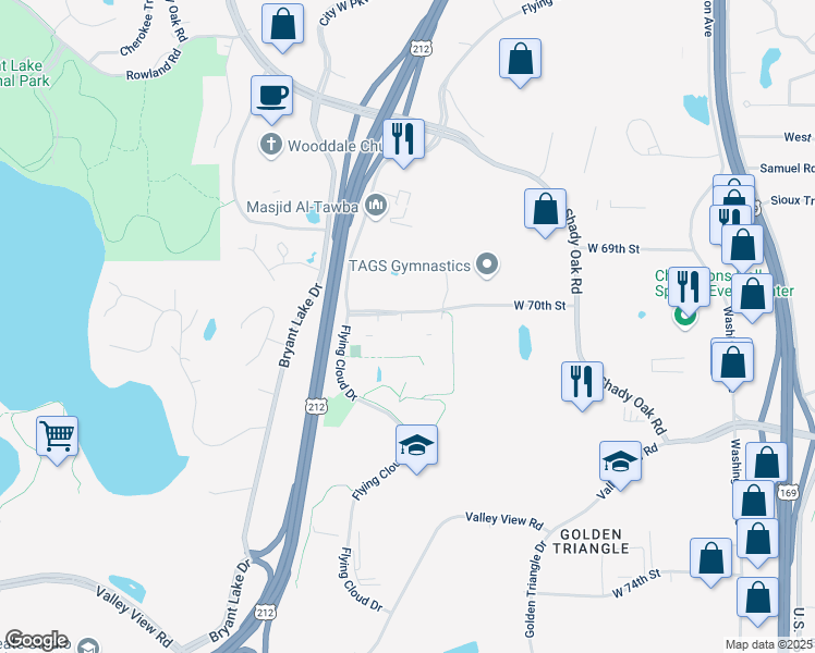 map of restaurants, bars, coffee shops, grocery stores, and more near 7075 Flying Cloud Drive in Eden Prairie
