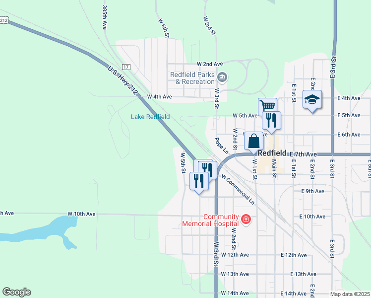map of restaurants, bars, coffee shops, grocery stores, and more near West 5th Street in Redfield