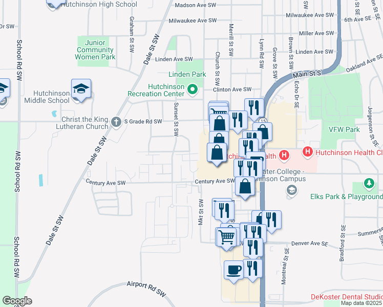 map of restaurants, bars, coffee shops, grocery stores, and more near 742 Cleveland Avenue Southwest in Hutchinson