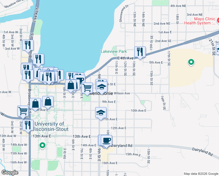 map of restaurants, bars, coffee shops, grocery stores, and more near 910 Wilson Avenue in Menomonie