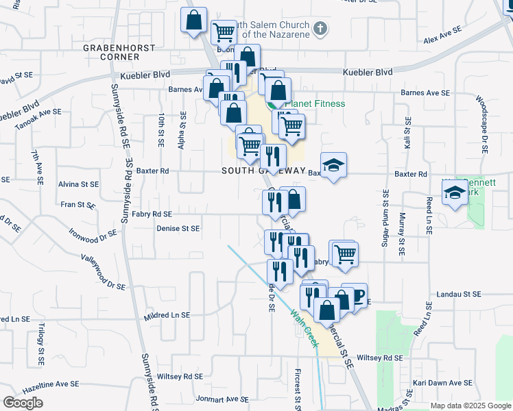 map of restaurants, bars, coffee shops, grocery stores, and more near 1400 Fabry Road Southeast in Salem