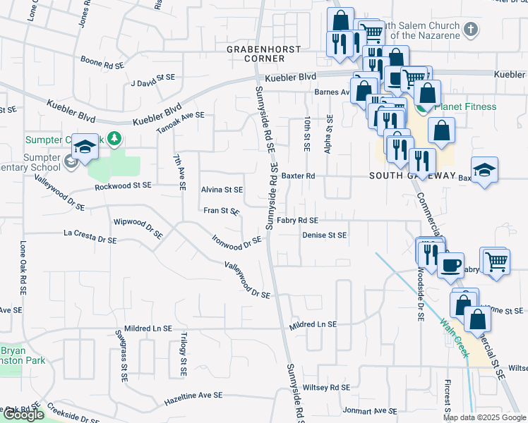 map of restaurants, bars, coffee shops, grocery stores, and more near 910 Fabry Road Southeast in Salem