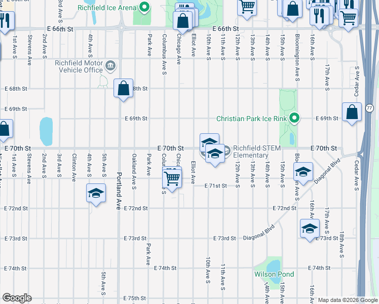 map of restaurants, bars, coffee shops, grocery stores, and more near 7021 Chicago Avenue South in Minneapolis
