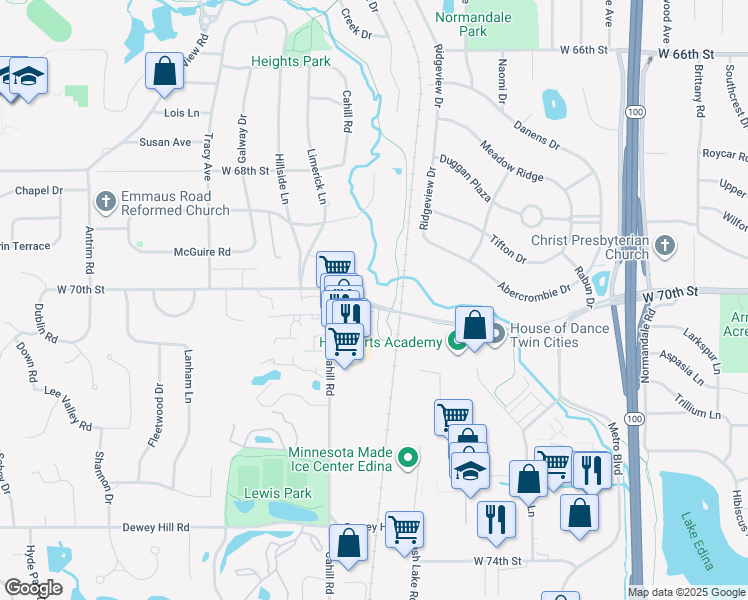 map of restaurants, bars, coffee shops, grocery stores, and more near 7019 Amundson Avenue in Edina