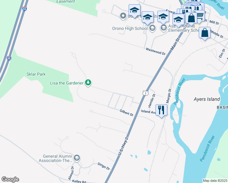 map of restaurants, bars, coffee shops, grocery stores, and more near 23 Mainewood Avenue in Orono