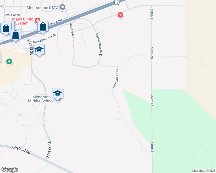 map of restaurants, bars, coffee shops, grocery stores, and more near 2875 Whisper Court in Menomonie