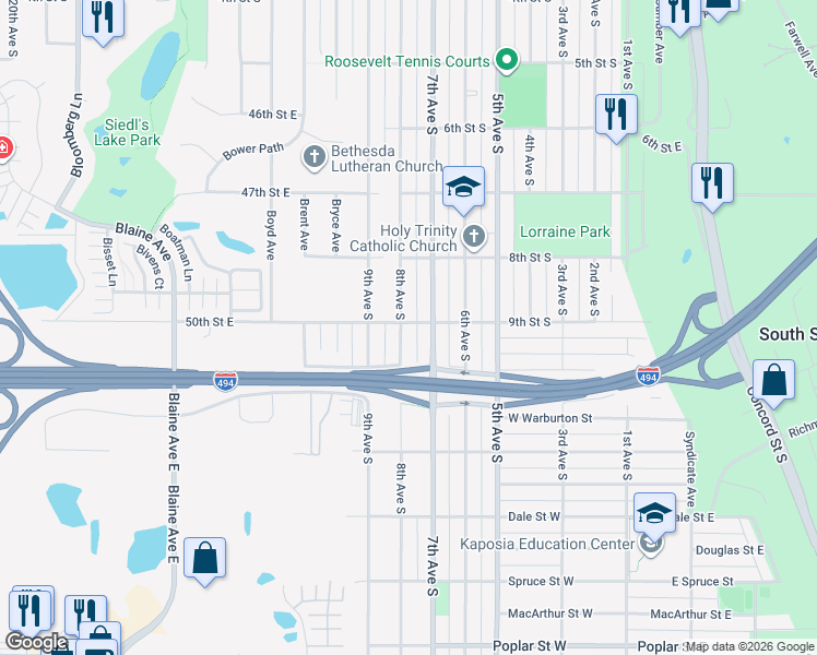 map of restaurants, bars, coffee shops, grocery stores, and more near 901 8th Avenue South in South Saint Paul
