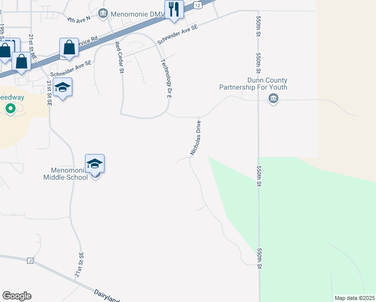 map of restaurants, bars, coffee shops, grocery stores, and more near 2868 Whisper Court in Menomonie