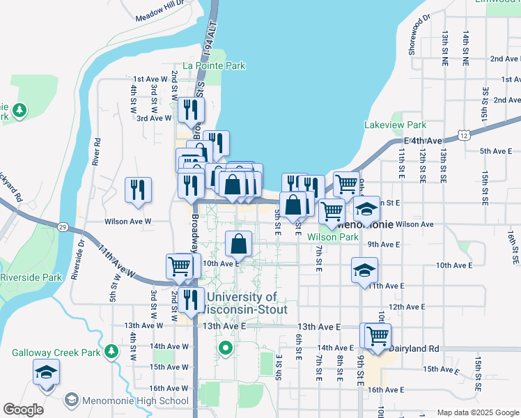 map of restaurants, bars, coffee shops, grocery stores, and more near 320 Wilson Avenue in Menomonie