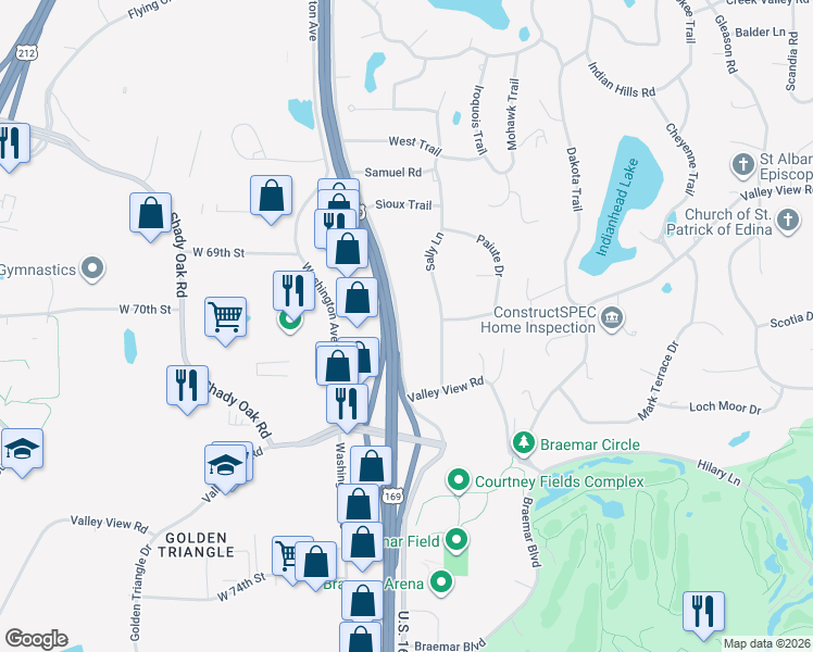 map of restaurants, bars, coffee shops, grocery stores, and more near 7015 McCauley Trail South in Edina