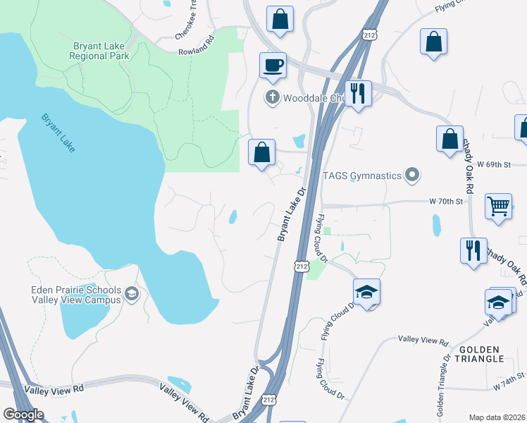 map of restaurants, bars, coffee shops, grocery stores, and more near 7129 Crowne Oak Road in Eden Prairie