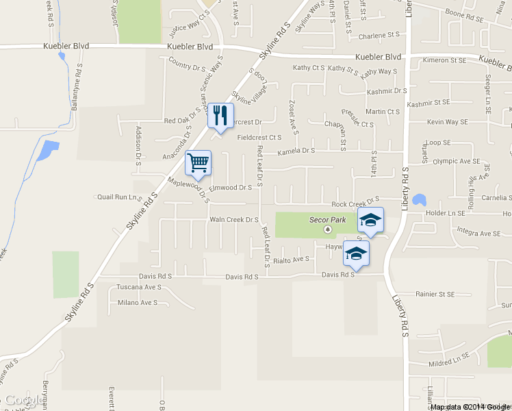 map of restaurants, bars, coffee shops, grocery stores, and more near 5465 Red Leaf Dr S in Salem