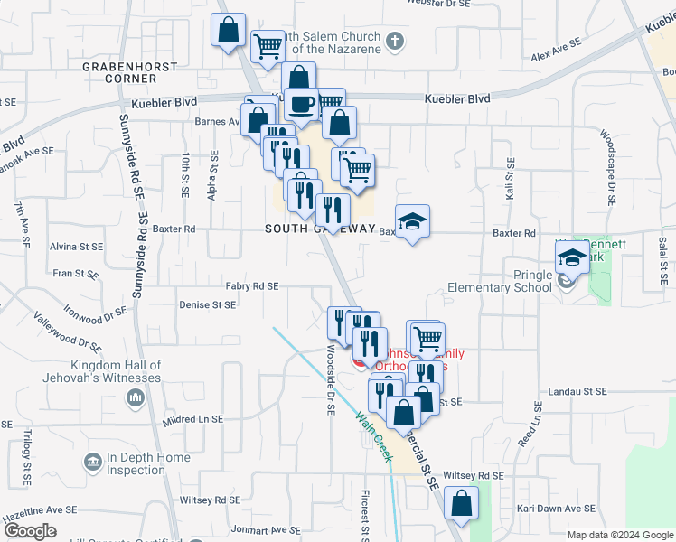 map of restaurants, bars, coffee shops, grocery stores, and more near 5473 Commercial Street Southeast in Salem