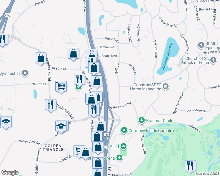 map of restaurants, bars, coffee shops, grocery stores, and more near 7015 McCauley Trail South in Edina