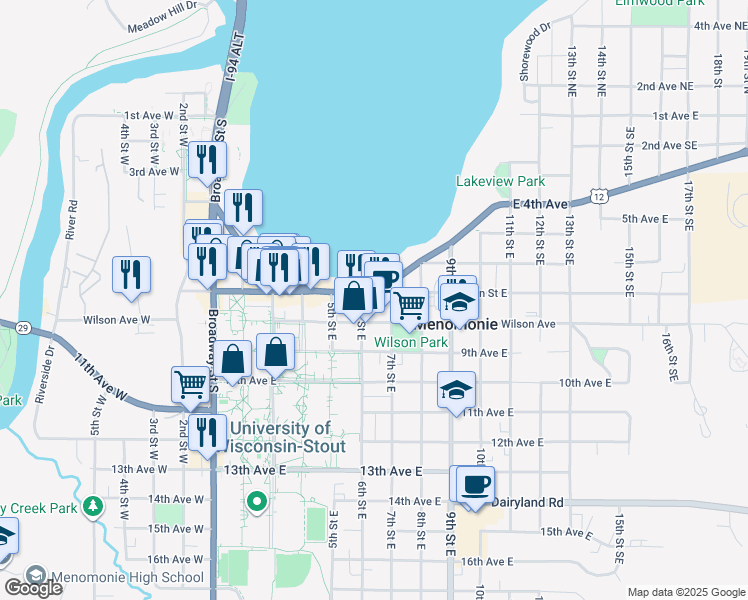 map of restaurants, bars, coffee shops, grocery stores, and more near 604 Wilson Avenue in Menomonie
