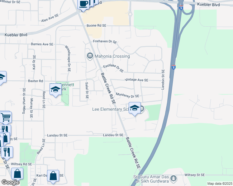 map of restaurants, bars, coffee shops, grocery stores, and more near 5412 Monterey Drive Southeast in Salem