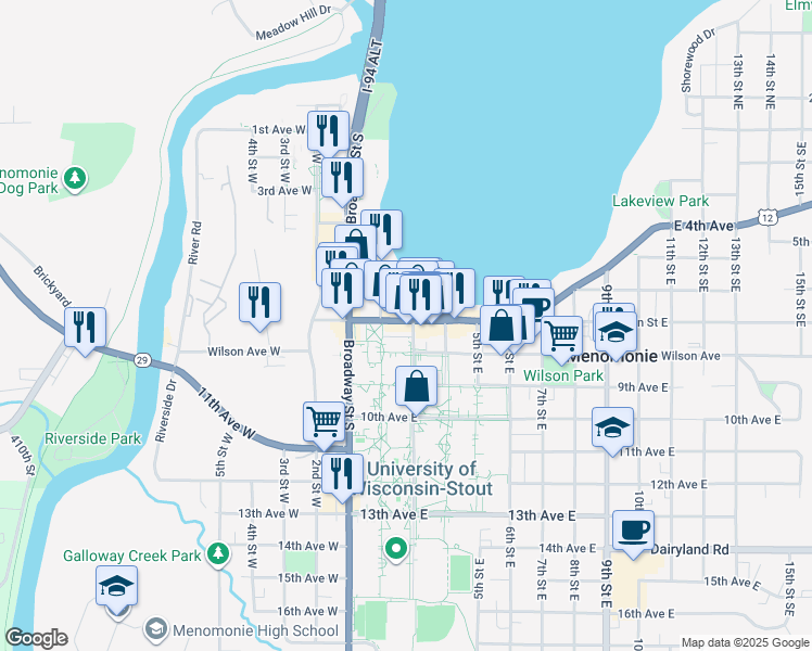 map of restaurants, bars, coffee shops, grocery stores, and more near 235 Main Street East in Menomonie