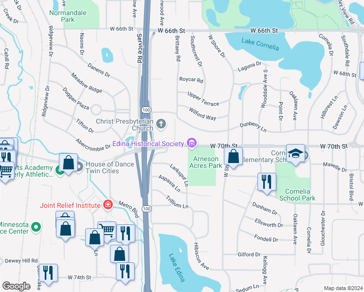 map of restaurants, bars, coffee shops, grocery stores, and more near 4862 West 70th Street in Edina
