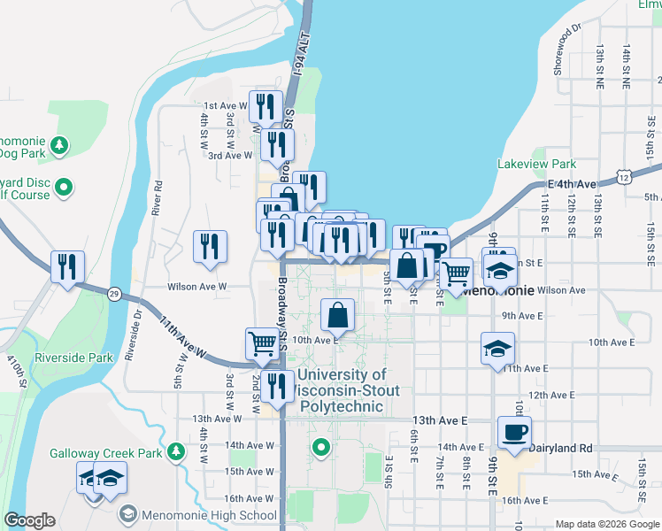 map of restaurants, bars, coffee shops, grocery stores, and more near 244 Main Street East in Menomonie