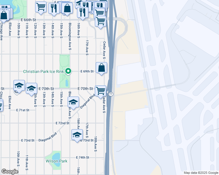 map of restaurants, bars, coffee shops, grocery stores, and more near 7034 Cedar Avenue in Richfield