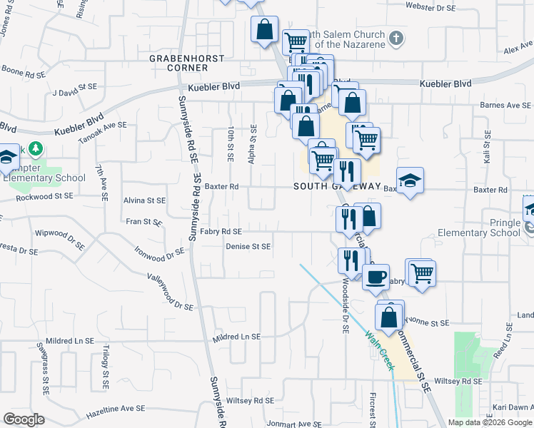 map of restaurants, bars, coffee shops, grocery stores, and more near 1080 Sharon Loop Southeast in Salem