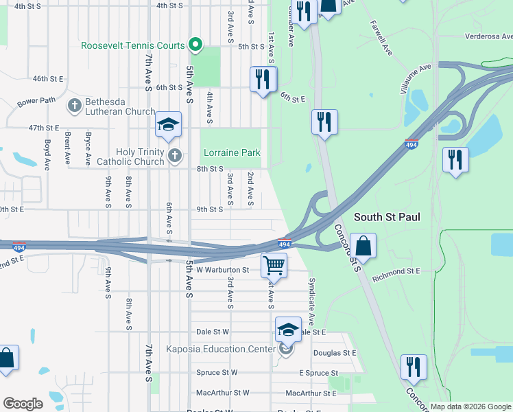 map of restaurants, bars, coffee shops, grocery stores, and more near 837 2nd Avenue South in South Saint Paul