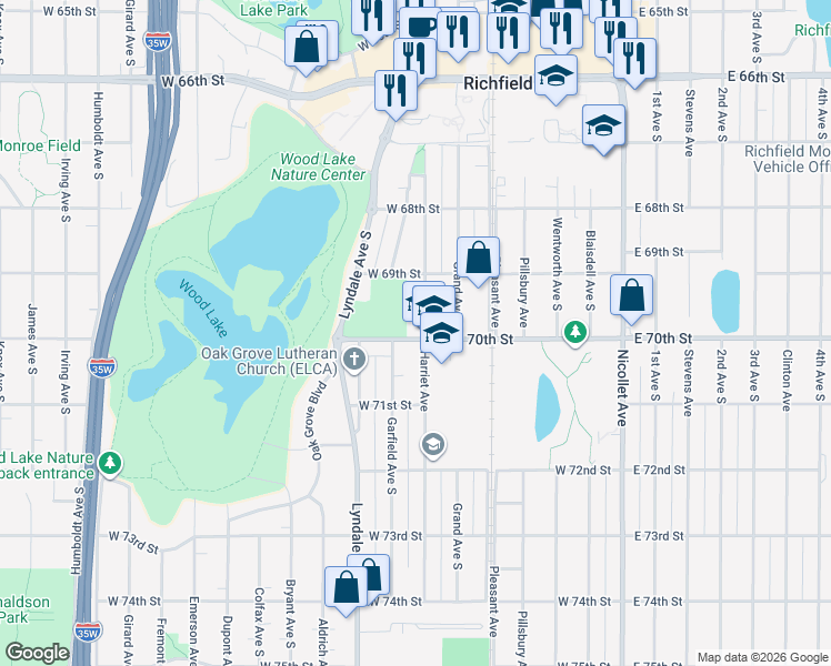 map of restaurants, bars, coffee shops, grocery stores, and more near 6926 Harriet Avenue in Richfield