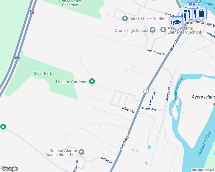 map of restaurants, bars, coffee shops, grocery stores, and more near 23 Mainewood Avenue in Orono