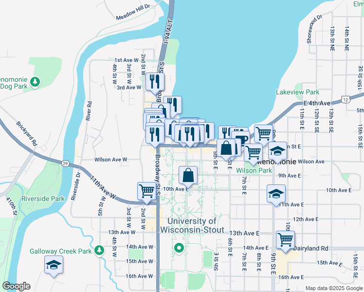 map of restaurants, bars, coffee shops, grocery stores, and more near 235 Main Street East in Menomonie