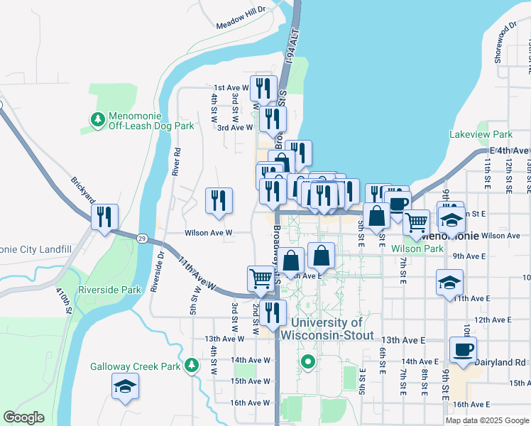 map of restaurants, bars, coffee shops, grocery stores, and more near 612 2nd Street East in Menomonie