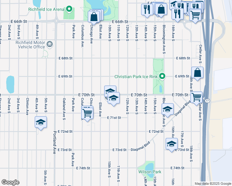 map of restaurants, bars, coffee shops, grocery stores, and more near 6928 11th Avenue South in Minneapolis