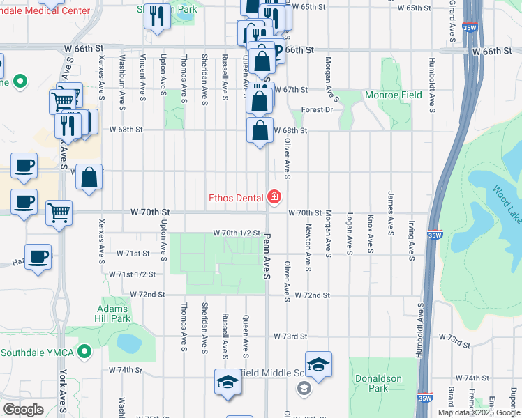 map of restaurants, bars, coffee shops, grocery stores, and more near 6928 Penn Avenue South in Minneapolis
