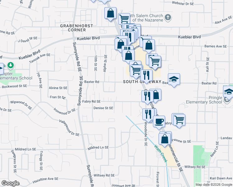 map of restaurants, bars, coffee shops, grocery stores, and more near 1100 Sharon Loop Southeast in Salem