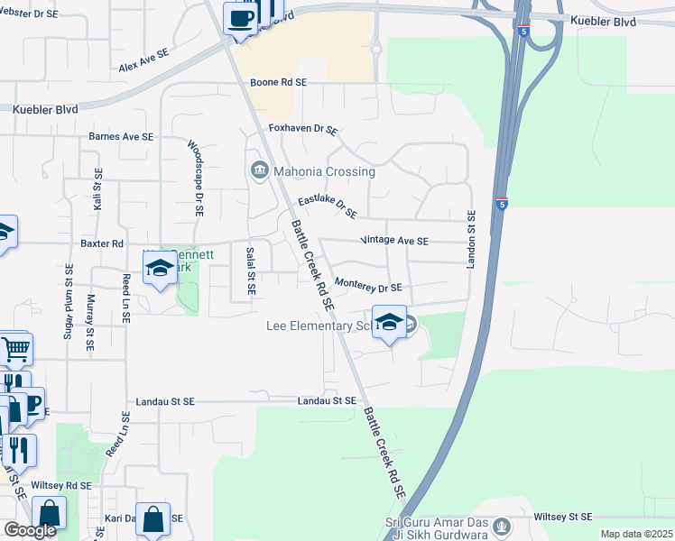 map of restaurants, bars, coffee shops, grocery stores, and more near 5412 Monterey Drive Southeast in Salem