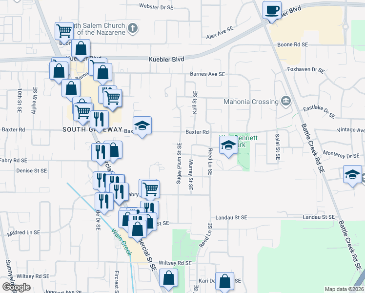 map of restaurants, bars, coffee shops, grocery stores, and more near 5446 Sugar Plum Street Southeast in Salem