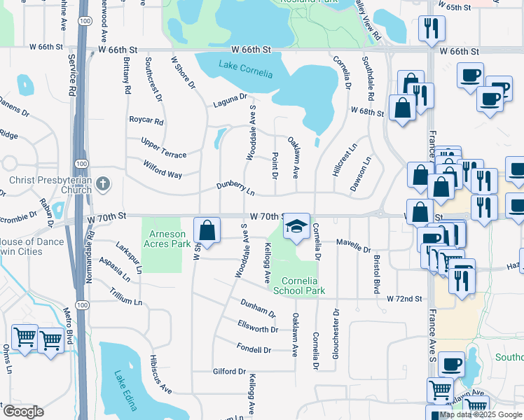 map of restaurants, bars, coffee shops, grocery stores, and more near 4420 West 70th Street in Minneapolis