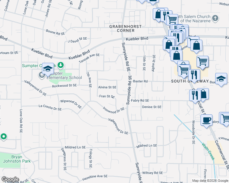 map of restaurants, bars, coffee shops, grocery stores, and more near 5430 Norma Avenue Southeast in Salem