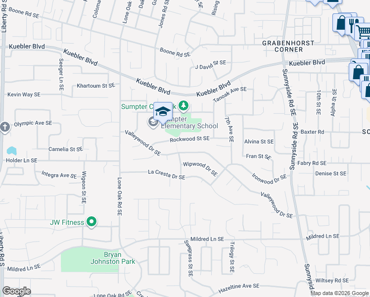 map of restaurants, bars, coffee shops, grocery stores, and more near 611 Valleywood Drive Southeast in Salem