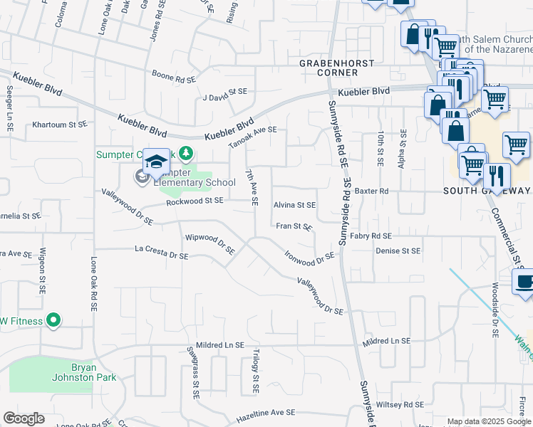 map of restaurants, bars, coffee shops, grocery stores, and more near 5445 Hickory Hill Drive Southeast in Salem