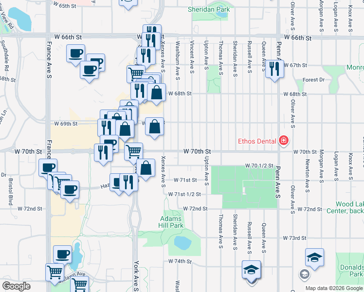 map of restaurants, bars, coffee shops, grocery stores, and more near 6928 Vincent Avenue South in Minneapolis