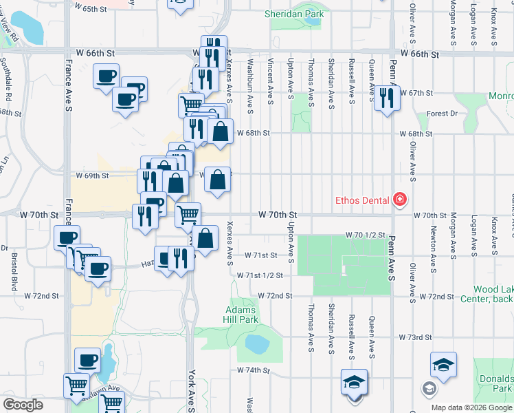 map of restaurants, bars, coffee shops, grocery stores, and more near 6928 Vincent Avenue South in Minneapolis